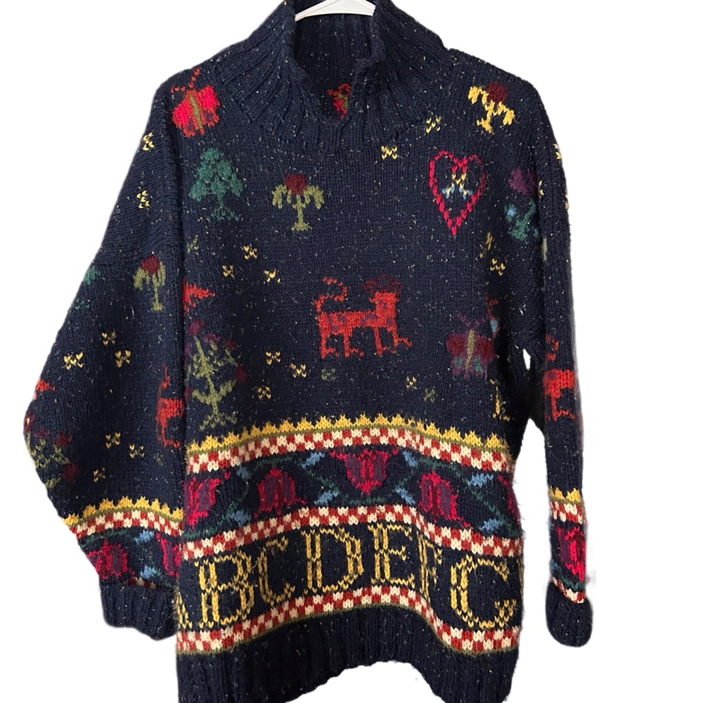 Quirky Colorful Handmade Vintage Patterned Chunky Sweater Wool Tapestry